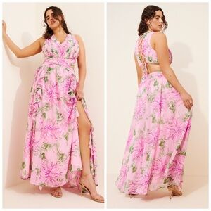 astr emese floral pleated maxi dress ASTR the Label | Emese Floral Cutout Maxi Dress in Pink Purple Floral